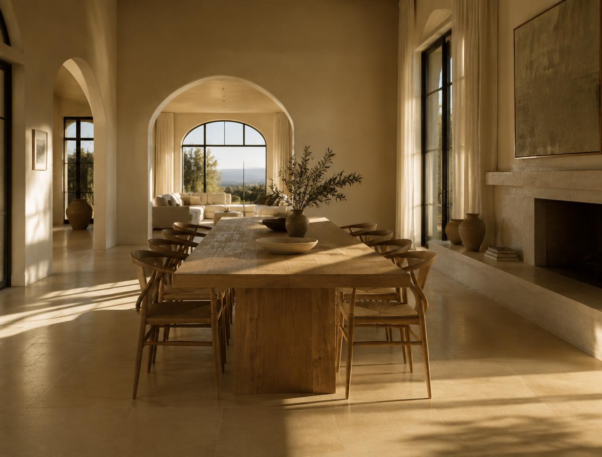 Sunlit dining room with a long wooden table