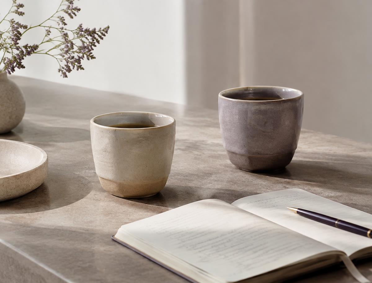 Two ceramic cups and an open notebook on a stone table